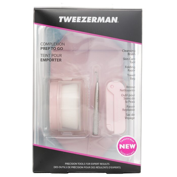 Tweezerman Complexion Prep To Go Set: Cleansing Brush + Skin Care Tool + Folding Razor + Travel Bag 3pcs + 1 Bag