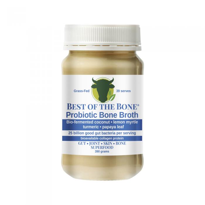 Best Of The Bone Bone Broth Beef Concentrate Probiotic Bio-fermented Coconut Lemon Myrtle Turmeric Papaya Leaf 390g