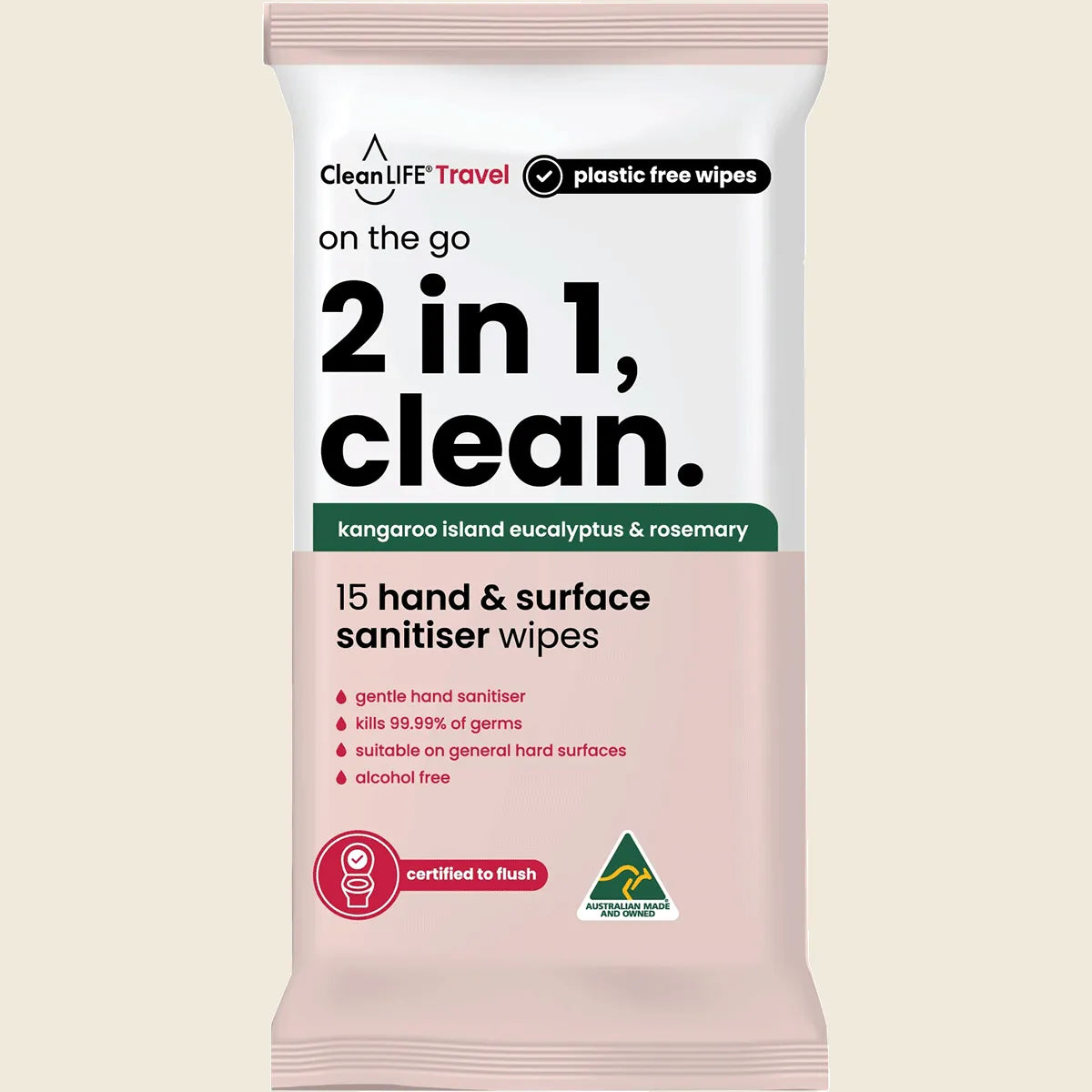 2 In 1 Plastic Free Wipes Hand and Surface Sanitiser 15pk