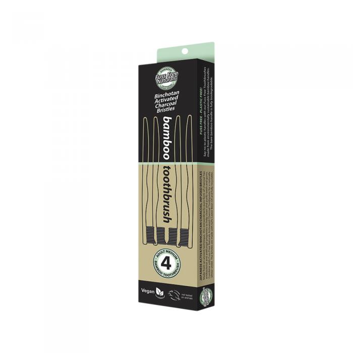 Essenzza Fuss Free Naturals Bamboo Toothbrush With Activated Charcoal Bristles Medium X 4 Pack