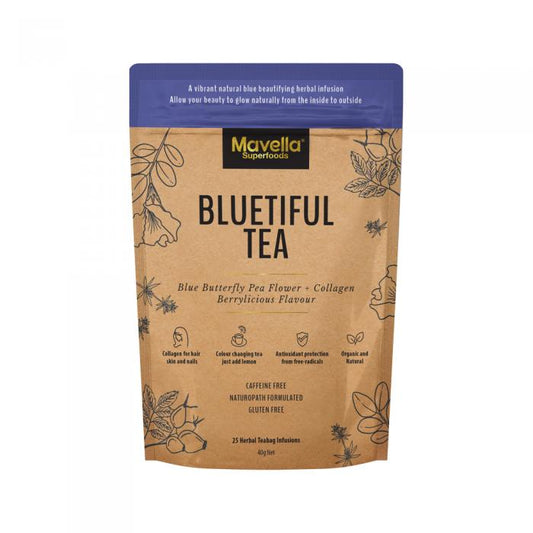 Mavella Superfoods Bluetiful Tea Blue Butterfly Pea Flower + Collagen Berrylicious Flavour X 25 Tea Bags