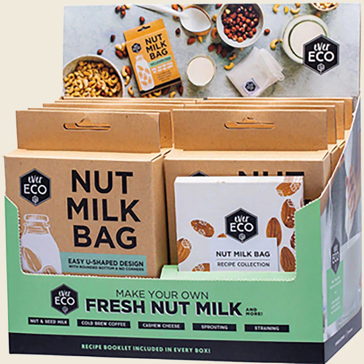 Nut Milk Bag Counter Display with Recipe Booklets x9