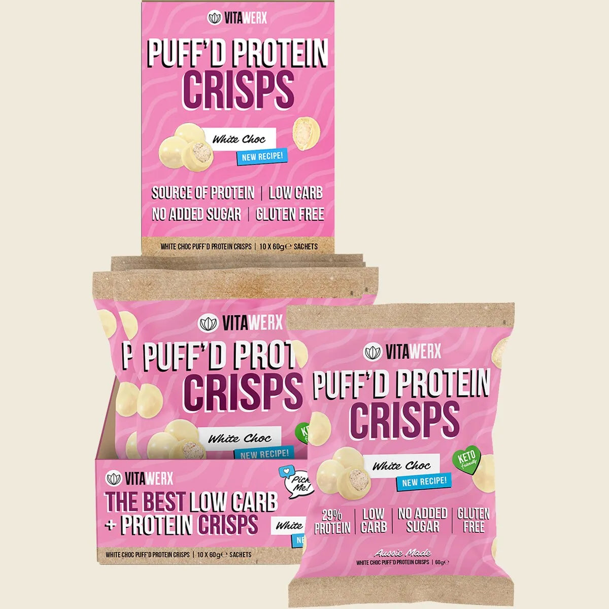 Puff'd Protein Crisps White Choc 10x60g