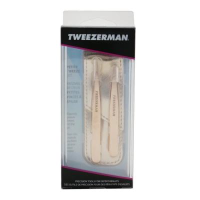 Tweezerman Rose Gold Petite Tweeze Set (1x Slant Tweezer, 1x Point Tweezer) 2pcs+bag