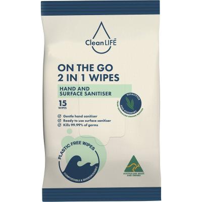 2 In 1 Plastic Free Wipes Hand and Surface Sanitiser 15pk