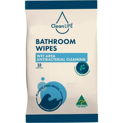 Bathroom Plastic Free Wipes Antibacterial Cleaning 25pk